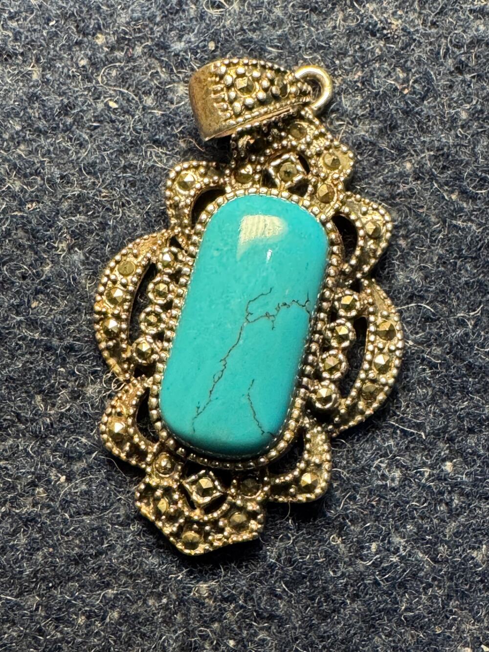 925 Silver Rectangular Turquoise Cabochon Marcasite Pendant